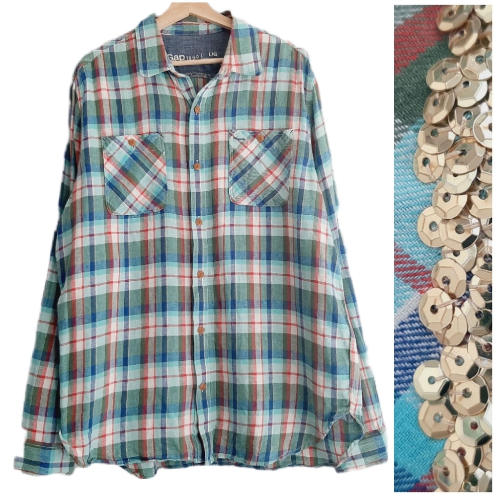 🍒 GAP Linen Cotton Sequin Detail Plaid Button Down Shirt Blue Sz L